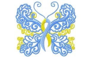 Blue and yellow Down syndrome awareness ribbon and butterfly